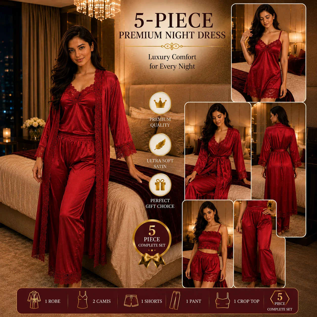 5 Part Premium Nightwear - Red Color